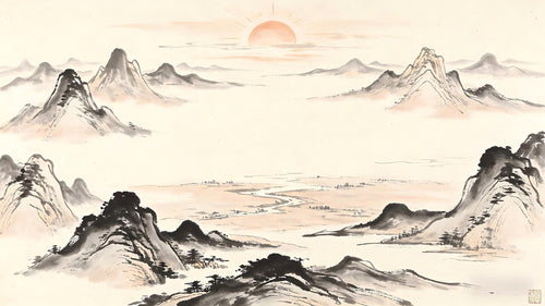 Eight-directional mountain peaks surrounding central space in Chinese ink painting, representing the Ten Directions