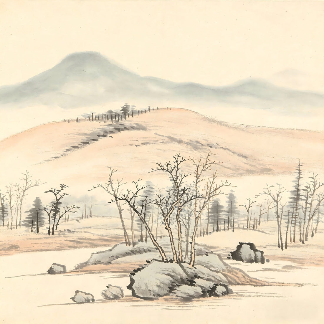 Distant mountains faint as smoke, representing the Shi Yin ideal of inner detachment amid worldly noise
