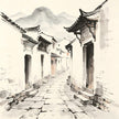 A bustling market street with distant mountains in Chinese ink painting style