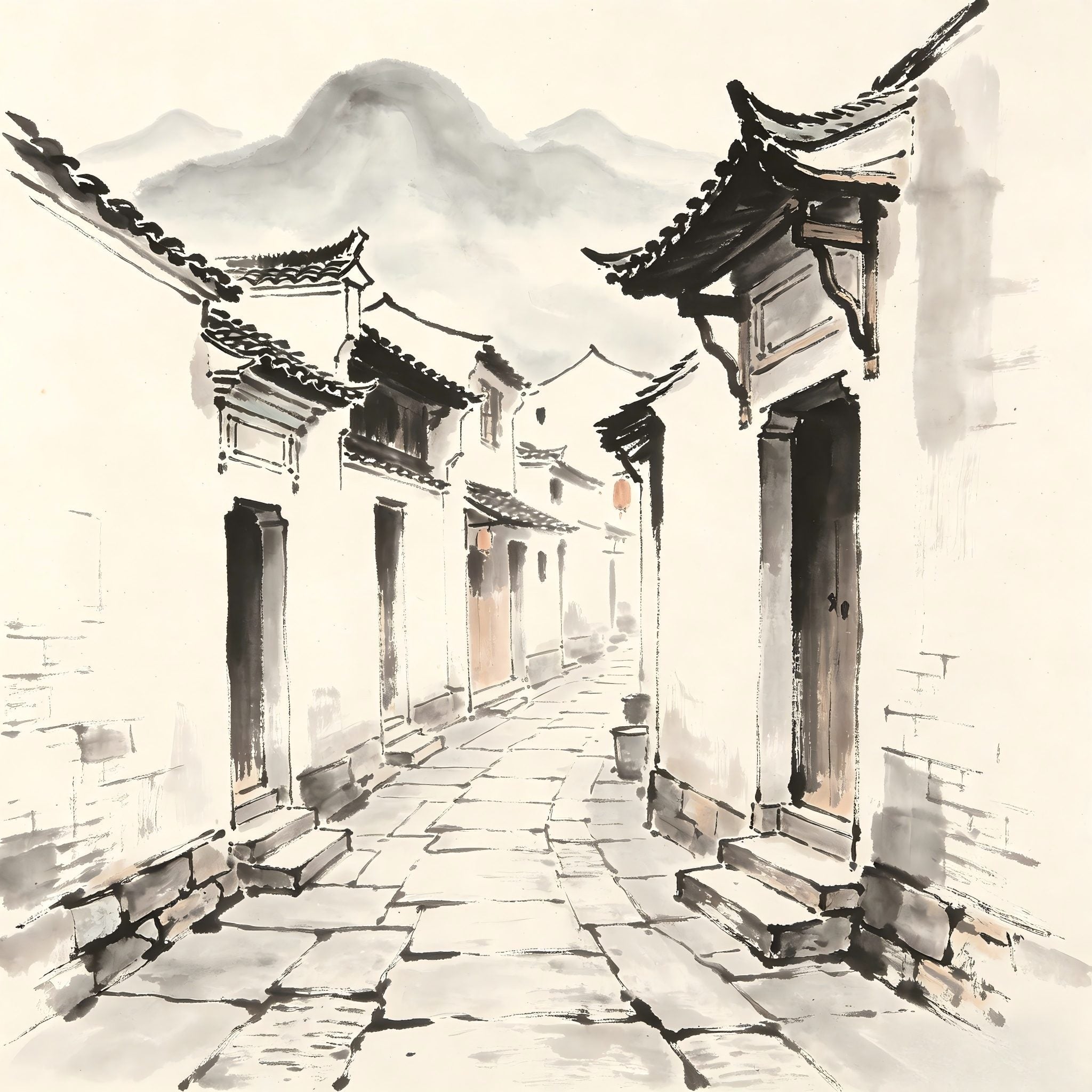A bustling market street with distant mountains in Chinese ink painting style