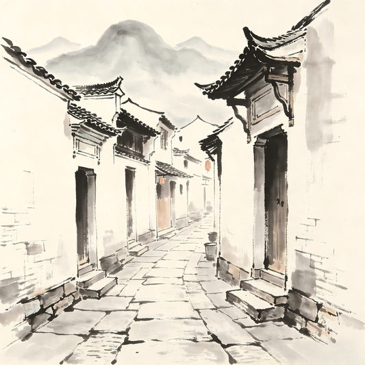 A bustling market street with distant mountains in Chinese ink painting style