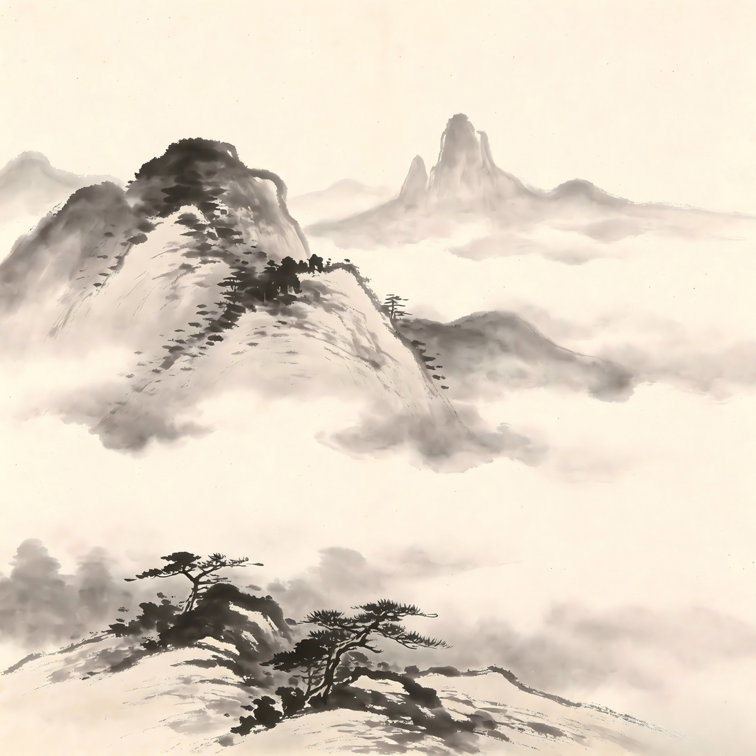 Shiba Tou Taoist monastery in traditional Chinese ink painting style
