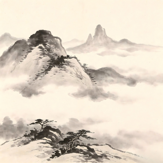 Shiba Tou Taoist monastery in traditional Chinese ink painting style
