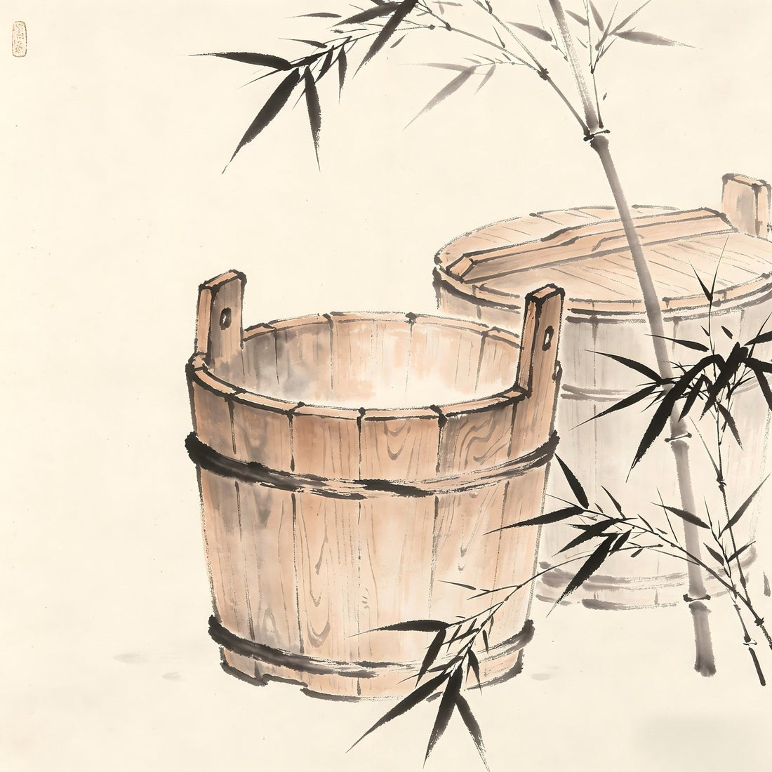 Shui Tou Taoist well with water buckets ink painting
