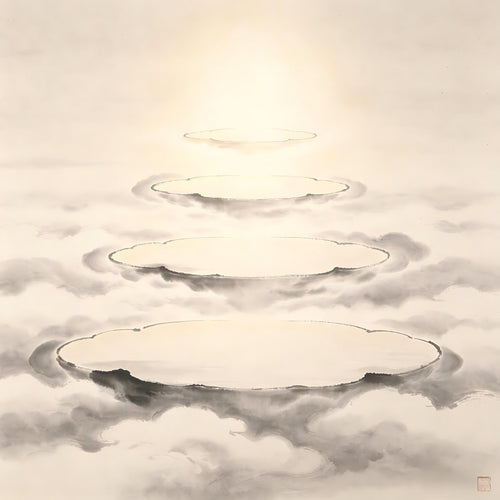 Four floating cloud terraces ascending from mist into luminous sky, traditional Chinese ink painting