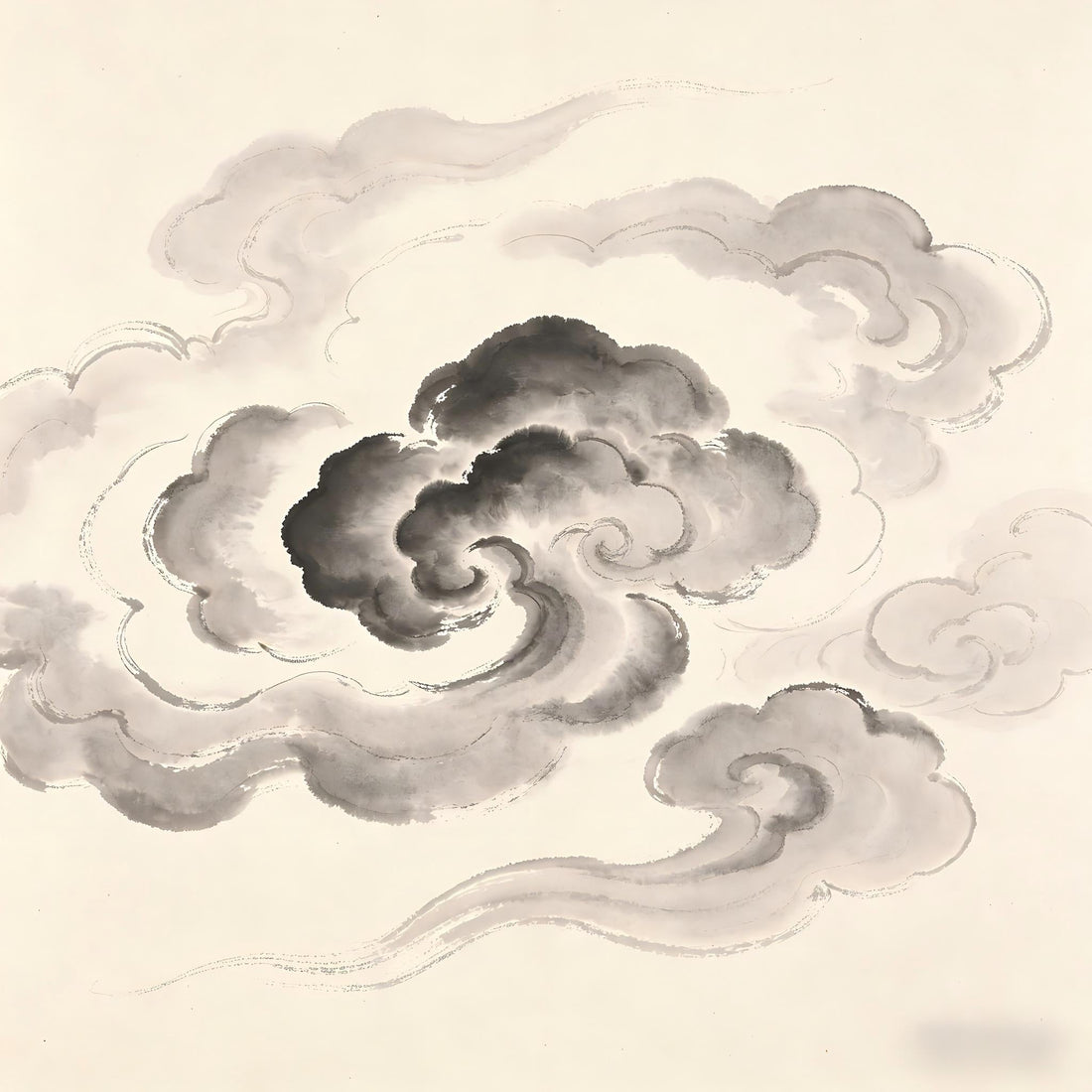 Eight directional clouds surrounding center, cardinal directions denser than intercardinals, ink painting