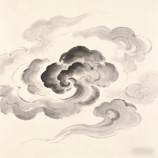 Eight directional clouds surrounding center, cardinal directions denser than intercardinals, ink painting