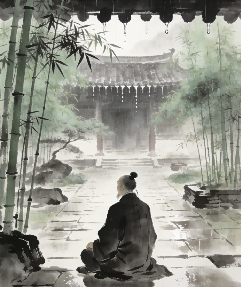 Taoist priest meditating in courtyard observing rain at Longhu Mountain, Six Desires cultivation practice scene