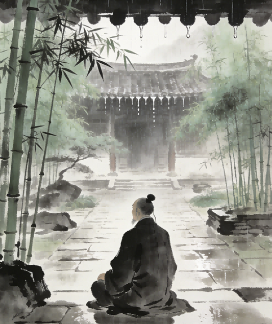 Taoist priest meditating in courtyard observing rain at Longhu Mountain, Six Desires cultivation practice scene
