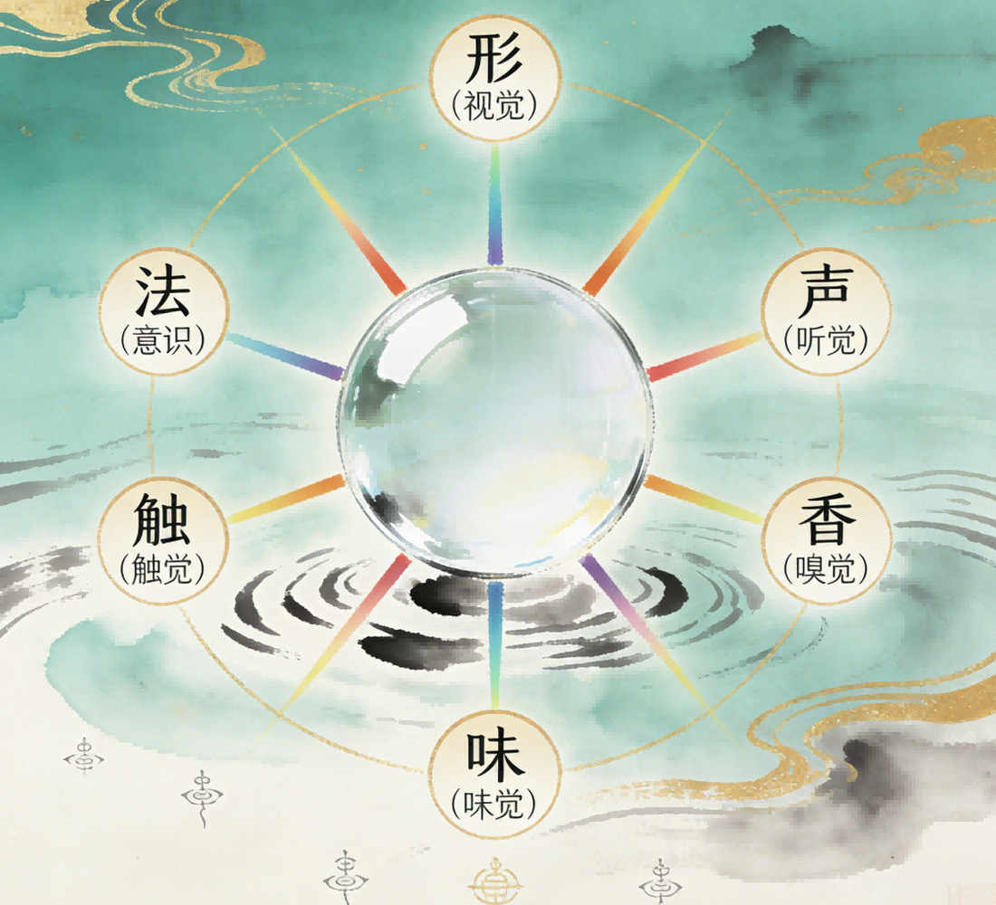 This illustration shows the relationship between the concept of the Six Dusts and the teachings of the Eight Treasures.