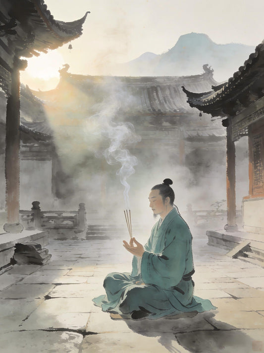 Taoist practitioner meditating in temple courtyard at dawn
