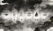 Traditional Taoist cultivation illustration showing six senses (eyes, ears, nose, tongue, body, mind) surrounded by shadowy thieves, rendered in ink wash style with misty clouds and dark golden accents