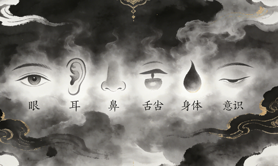 Traditional Taoist cultivation illustration showing six senses (eyes, ears, nose, tongue, body, mind) surrounded by shadowy thieves, rendered in ink wash style with misty clouds and dark golden accents