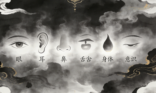 Traditional Taoist cultivation illustration showing six senses (eyes, ears, nose, tongue, body, mind) surrounded by shadowy thieves, rendered in ink wash style with misty clouds and dark golden accents