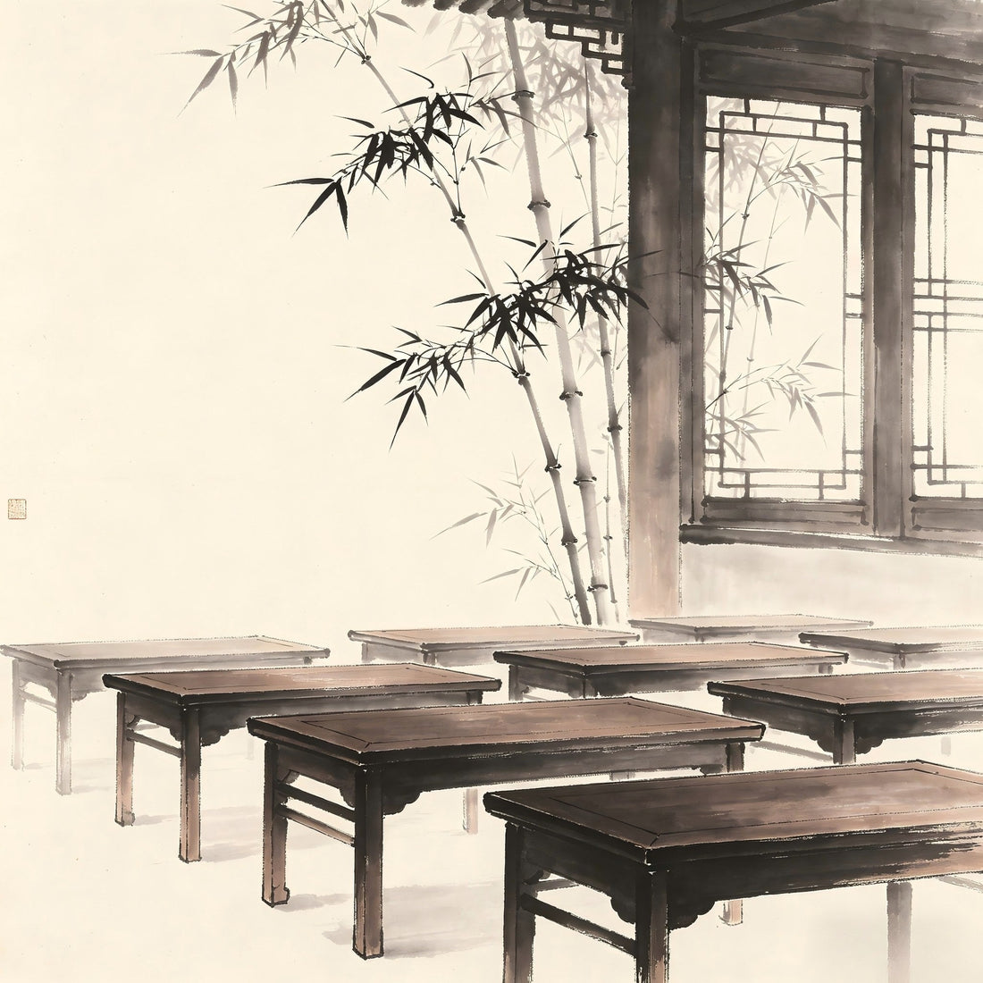 A traditional Taoist dining hall interior in Chinese ink painting style
