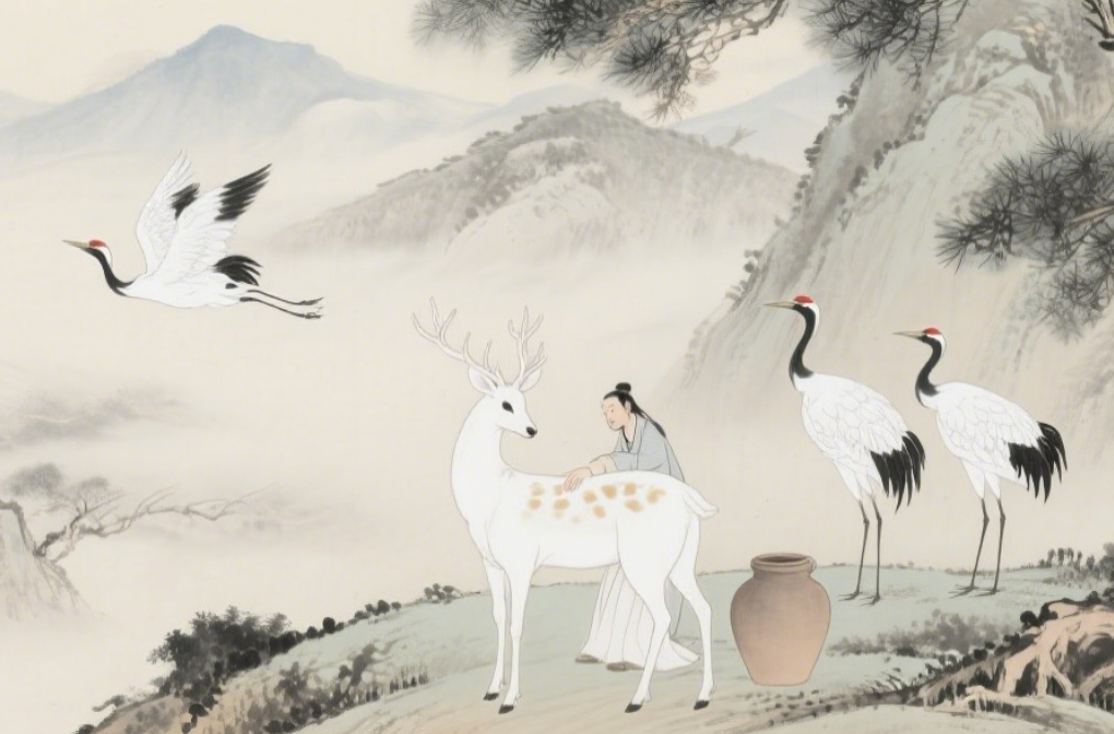 Tao Dan Eastern Jin Taoist hermit Linxiang Mountain Changsha white deer cranes fuqi bigu divination grandson Tao Kan