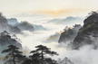 Longhu Mountain autumn morning mist scene, pine trees partially visible, distant Daoist temple roof outline, Six Roots cultivation atmosphere