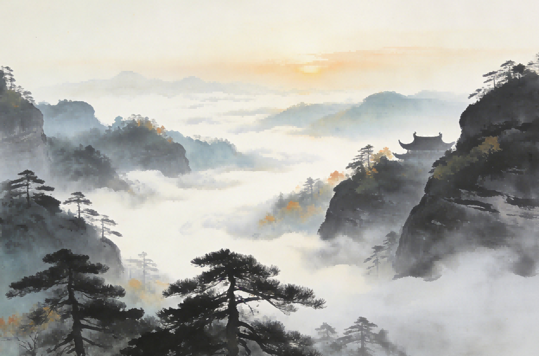 Longhu Mountain autumn morning mist scene, pine trees partially visible, distant Daoist temple roof outline, Six Roots cultivation atmosphere