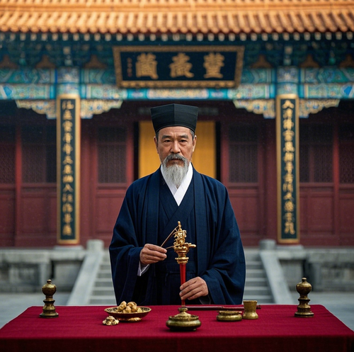 What are the symbolic meanings of Taoist clothing and ritual implements?
