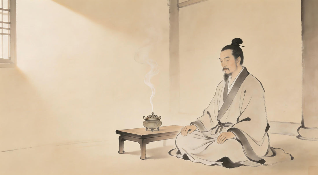Taoist priest meditating before simple altar, Taoist teaching on contentment, Longhu Mountain