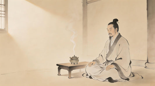 Taoist priest meditating before simple altar, Taoist teaching on contentment, Longhu Mountain