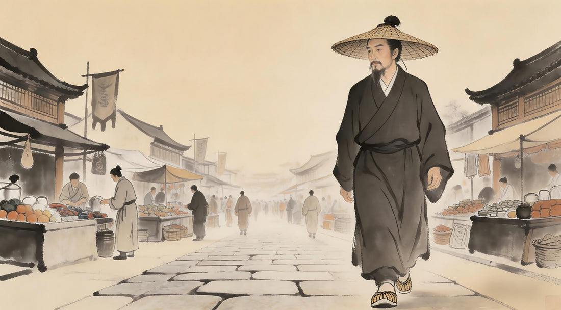 Taoist priest in simple robes in marketplace, Taoist teaching on substance over appearance, Longhu Mountain