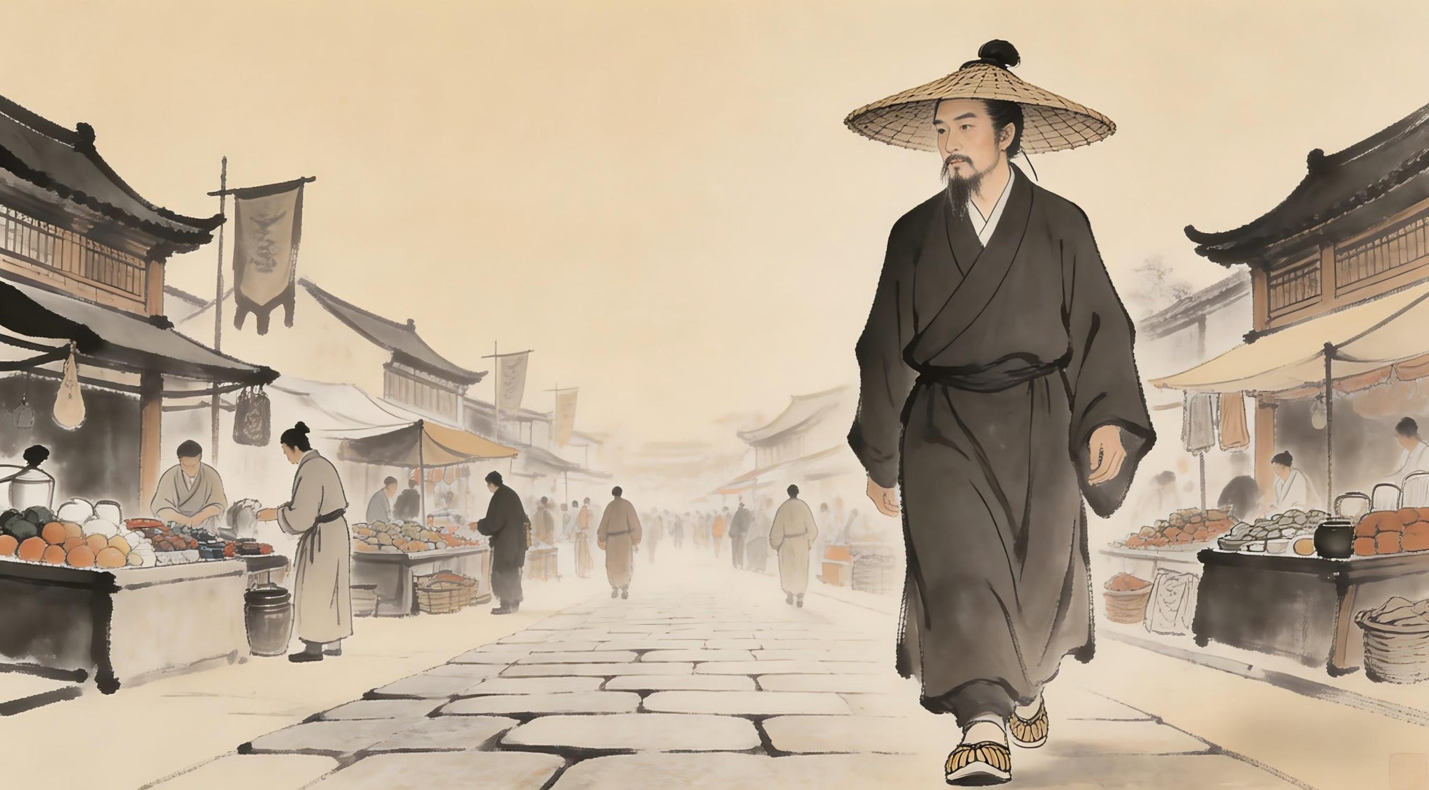 Taoist priest in simple robes in marketplace, Taoist teaching on substance over appearance, Longhu Mountain
