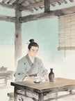 Taoist practitioner choosing tea over wine in traditional setting