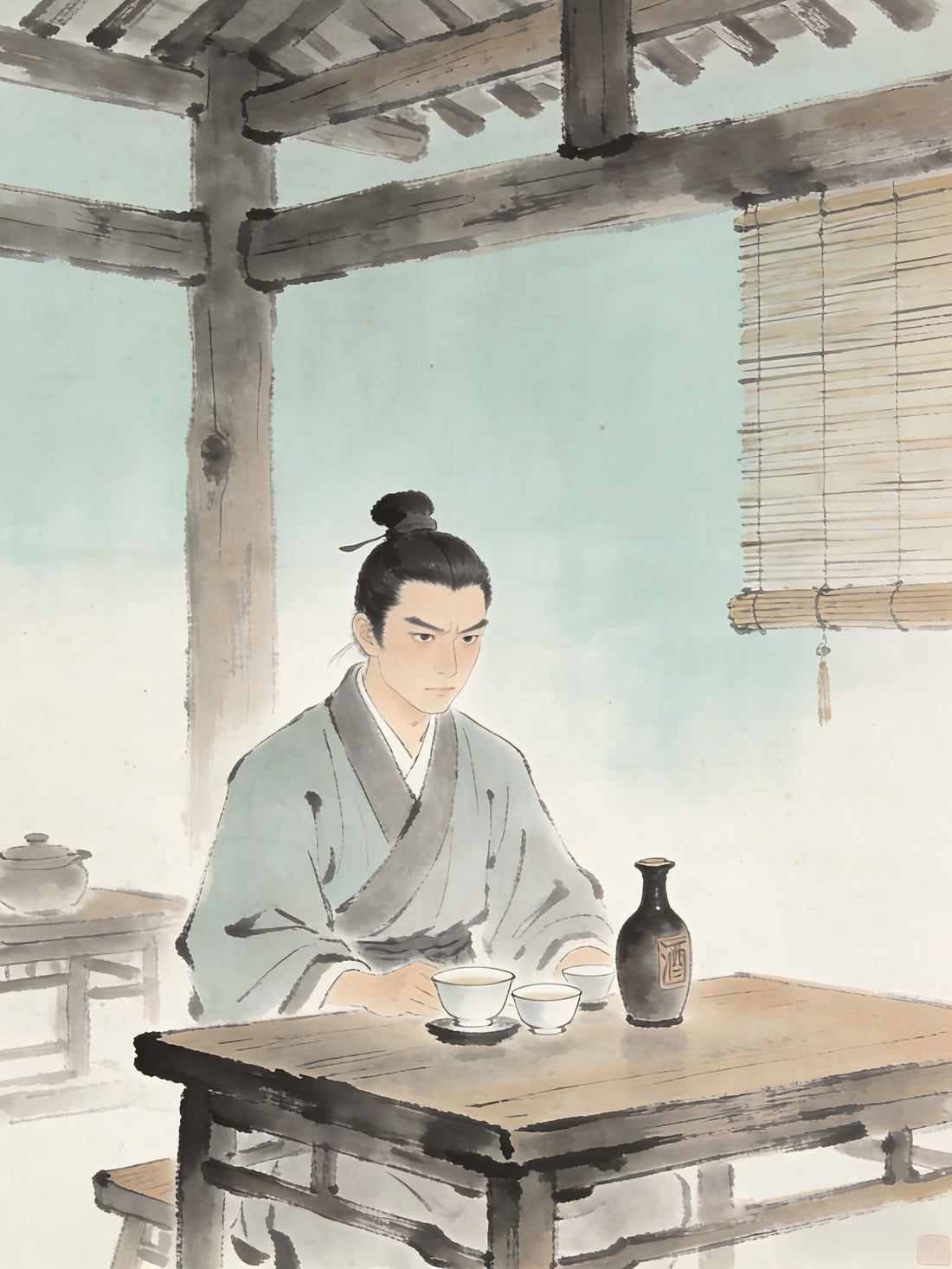 Taoist practitioner choosing tea over wine in traditional setting