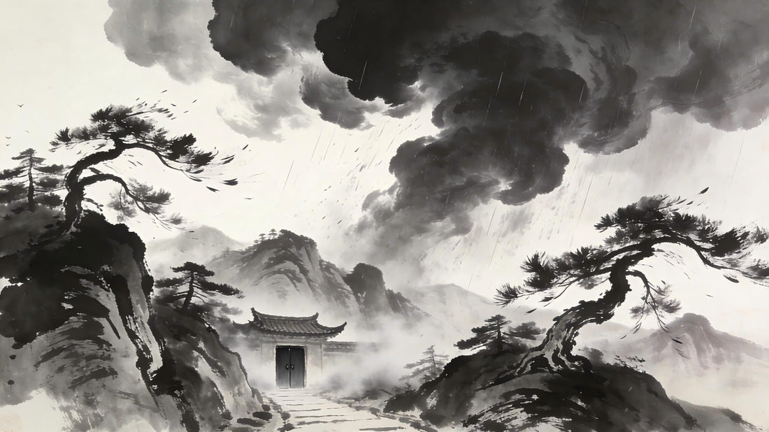 Storm gathering over Longhu Mountain pine forest, Taoist teaching on the barrier of anger