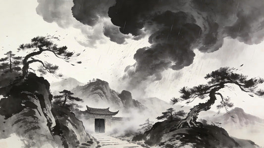 Storm gathering over Longhu Mountain pine forest, Taoist teaching on the barrier of anger