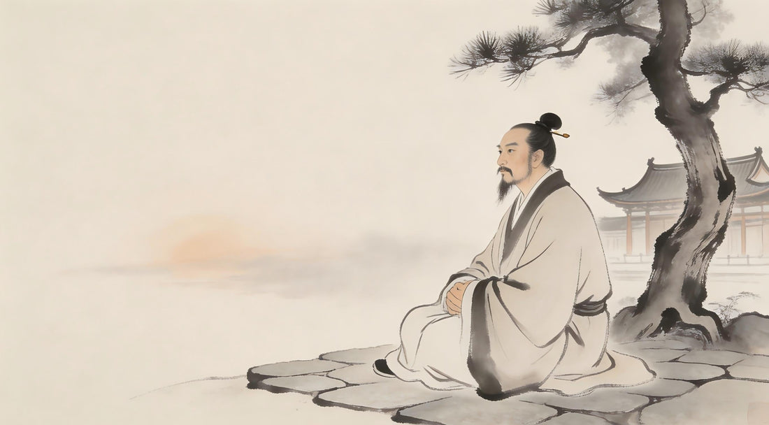 Taoist priest sitting alone in temple courtyard, contemplating humility, Longhu Mountain