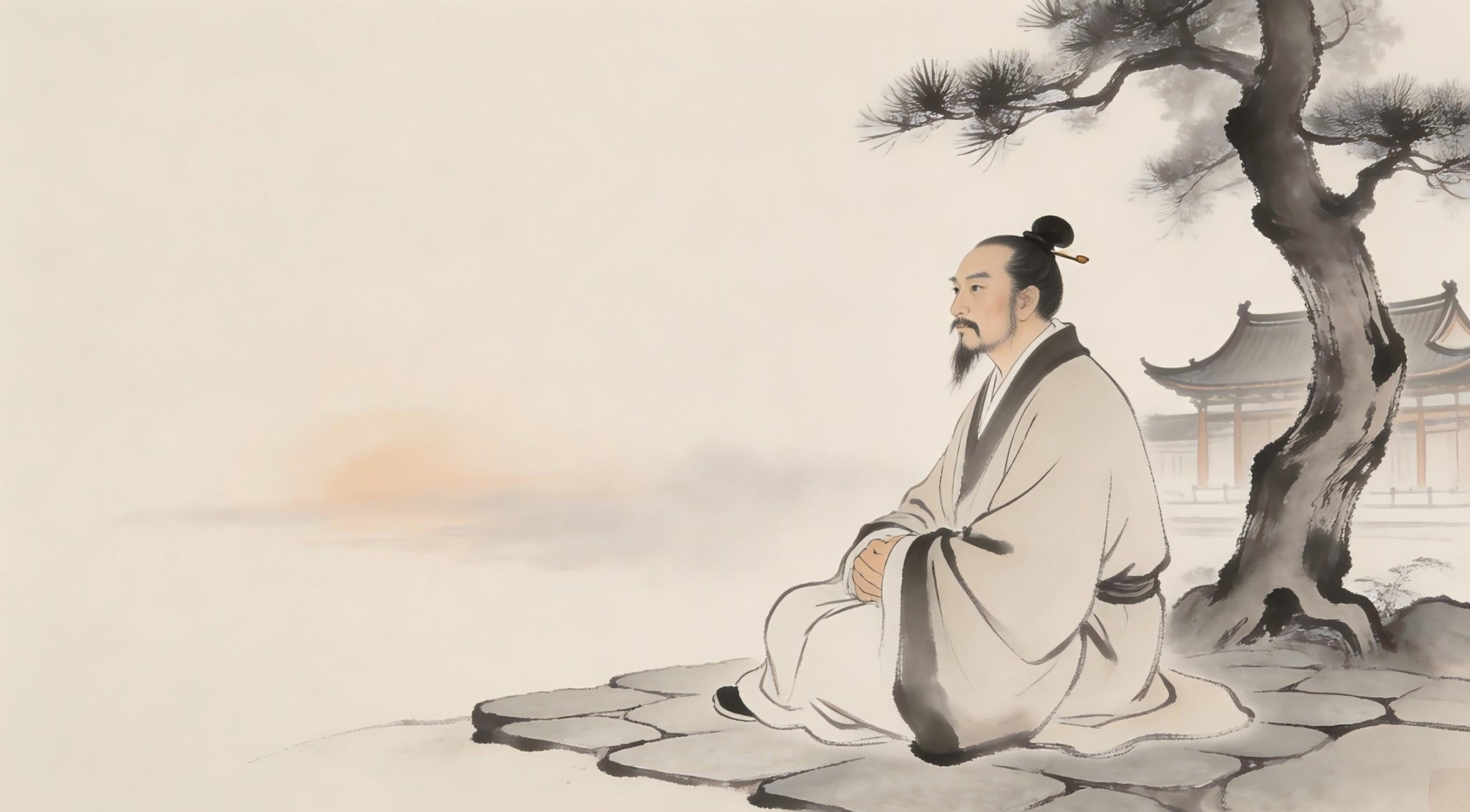 Taoist priest sitting alone in temple courtyard, contemplating humility, Longhu Mountain