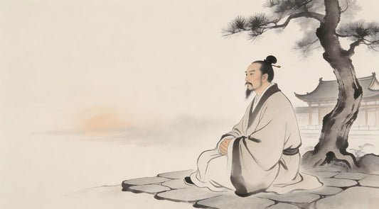 Taoist priest sitting alone in temple courtyard, contemplating humility, Longhu Mountain