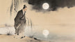 Taoist priest gazing at moon reflection in water, Taoist teaching on form and emptiness, Longhu Mountain