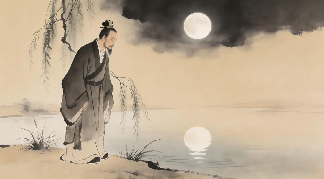 Taoist priest gazing at moon reflection in water, Taoist teaching on form and emptiness, Longhu Mountain