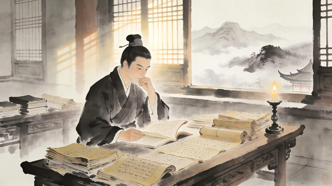 Taoist priest studying ancient scriptures by candlelight at dawn, Book Worship barrier in Taoist practice, Zhengyi Taoism tradition