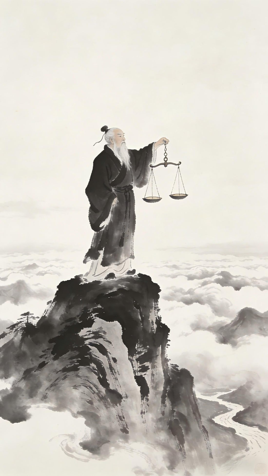 Taoist monk on mountain peak holding balanced scale, natural law of cause and effect