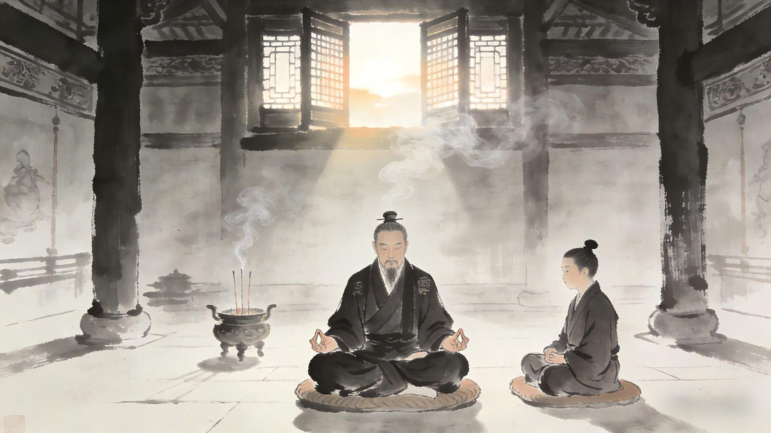 Taoist priest in meditation, Longhu Mountain practice hall