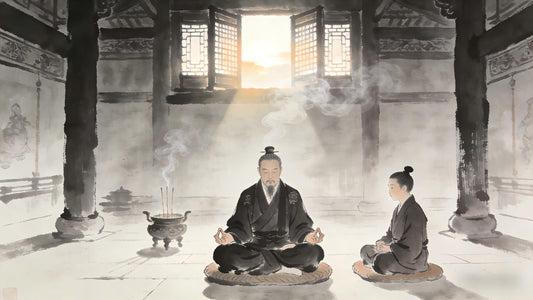 Taoist priest in meditation, Longhu Mountain practice hall