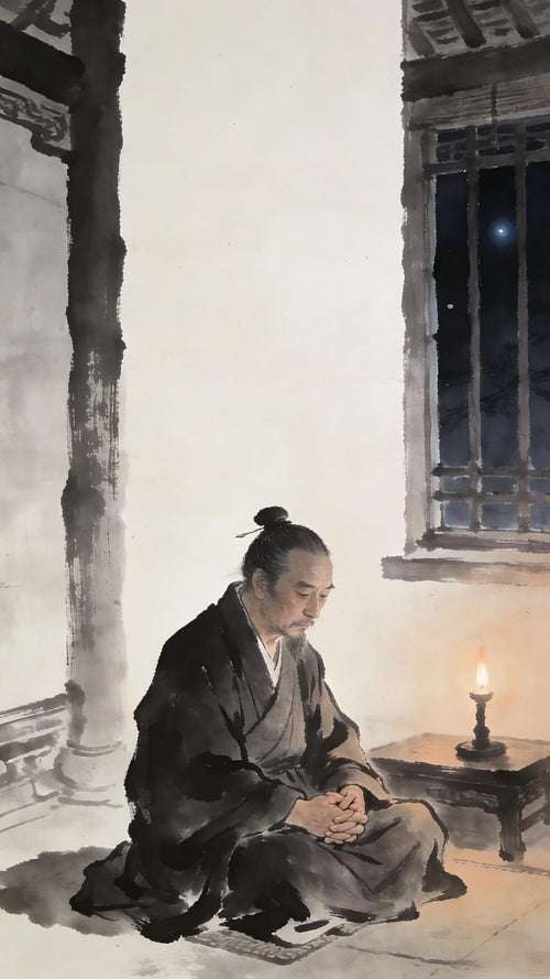Taoist priest sitting alone in temple quarters, the barrier of deception on Longhu Mountain