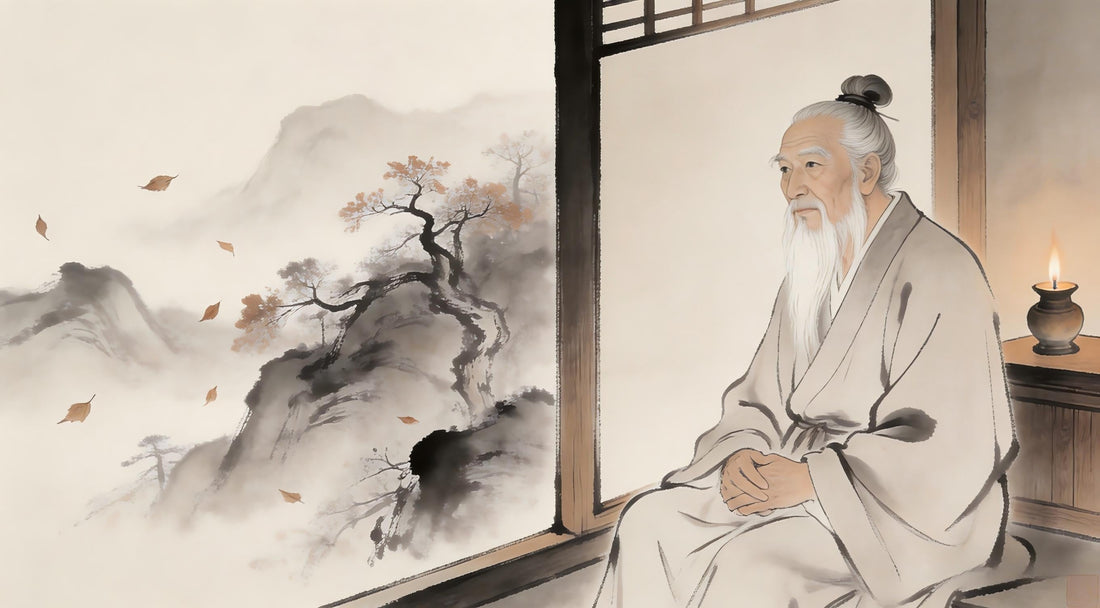 Elderly Taoist practitioner at window contemplating, barrier of discouragement