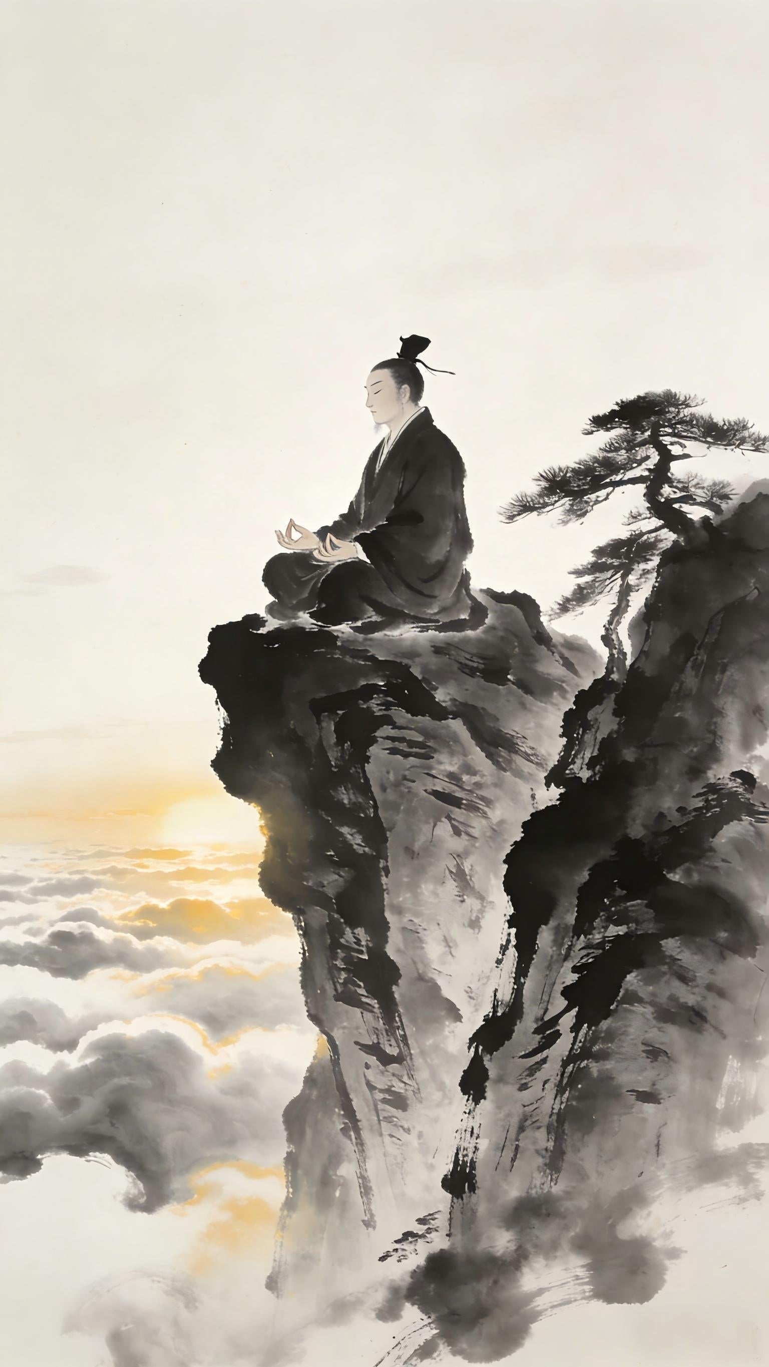 Taoist monk in solitary meditation on misty mountain peak at dawn, Longhu Mountain