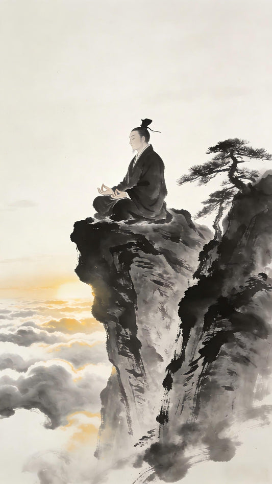 Taoist monk in solitary meditation on misty mountain peak at dawn, Longhu Mountain
