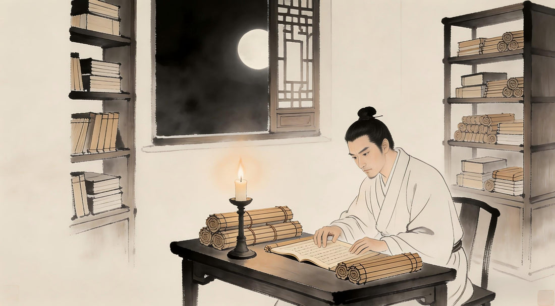 Scholar studying Taoist texts by candlelight, knowledge without practice