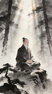 Taoist priest in meditation with light rays, spiritual vision