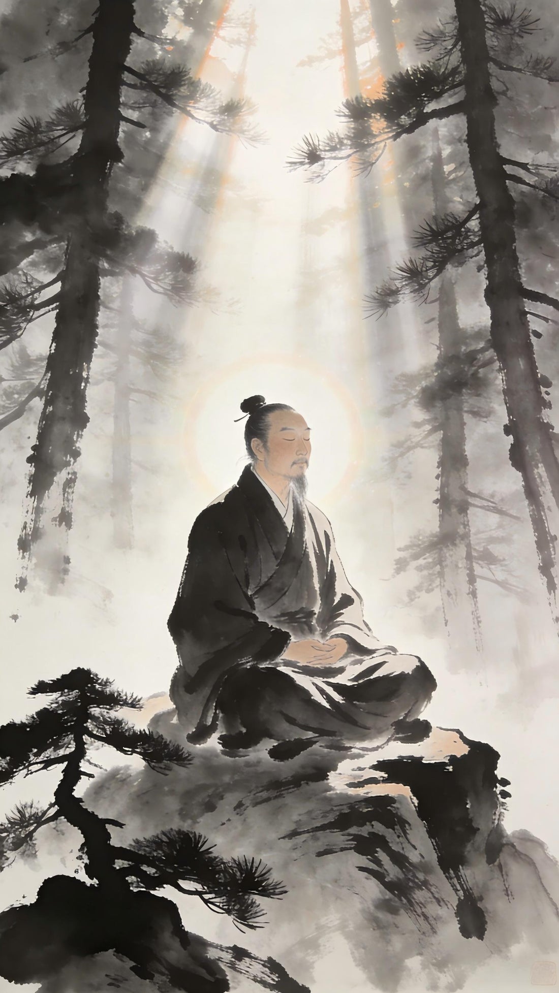 Taoist priest in meditation with light rays, spiritual vision