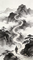 Taoist monk walking solitary winding path through clouds toward mountain peak, the long journey