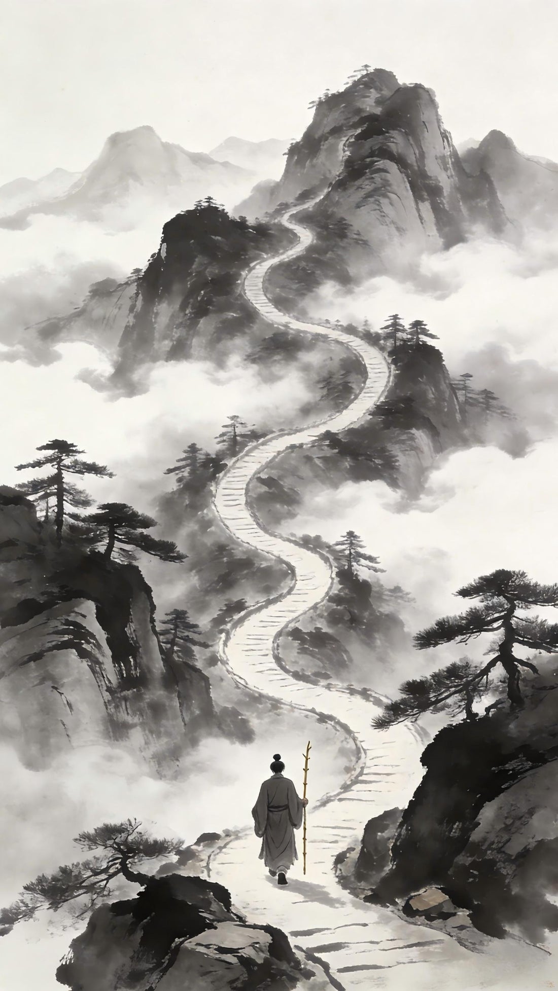 Taoist monk walking solitary winding path through clouds toward mountain peak, the long journey
