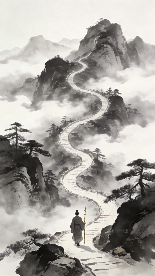 Taoist monk walking solitary winding path through clouds toward mountain peak, the long journey
